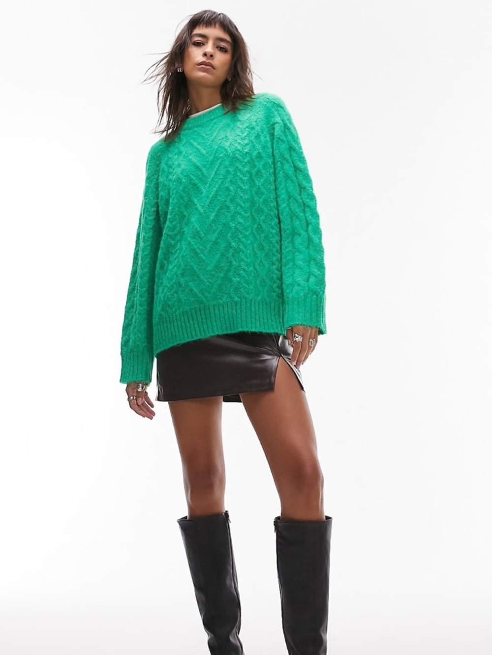 Topshop knitted fluffy cable crew jumper in green